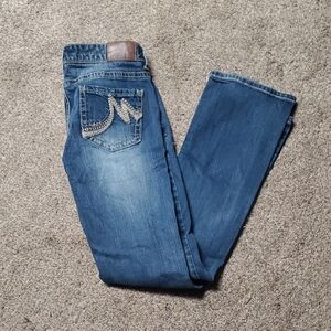 Maurices Brown Leather Patch Blue Denim Jeans